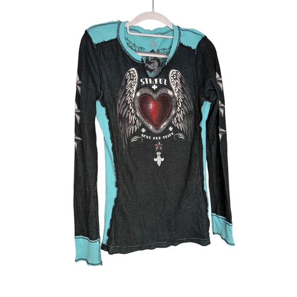 Sinful Tops - Sinful by Affliction Y2K Thermal Reversible Glitter Heart Turquoise & black top
